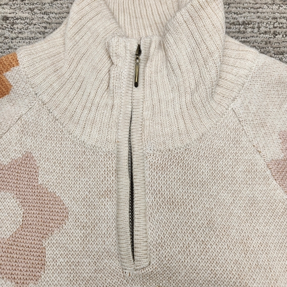 Mock Neck 1/4 Zip Sweater Flowers Ivory Neutrals Merino Wool Blend Boho Womens M - Picture 2 of 8